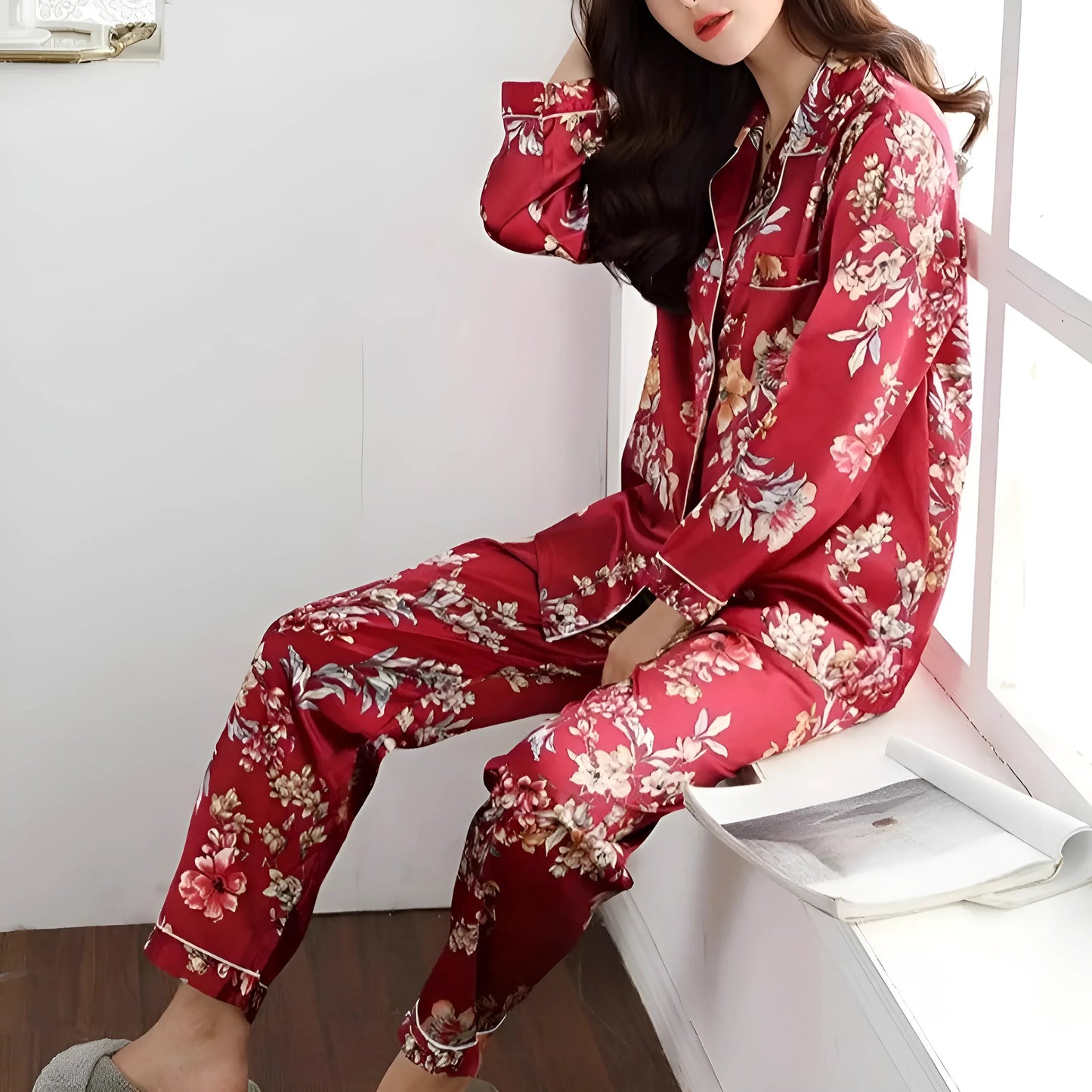 Bourgogne Ensemble de pyjama deux pièces en satin floral