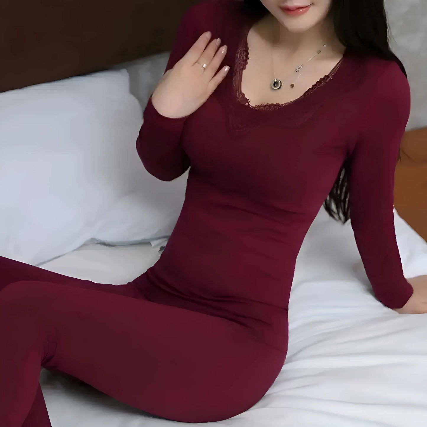 Bourgogne Ensemble de sous-vêtements thermiques avec dentelle