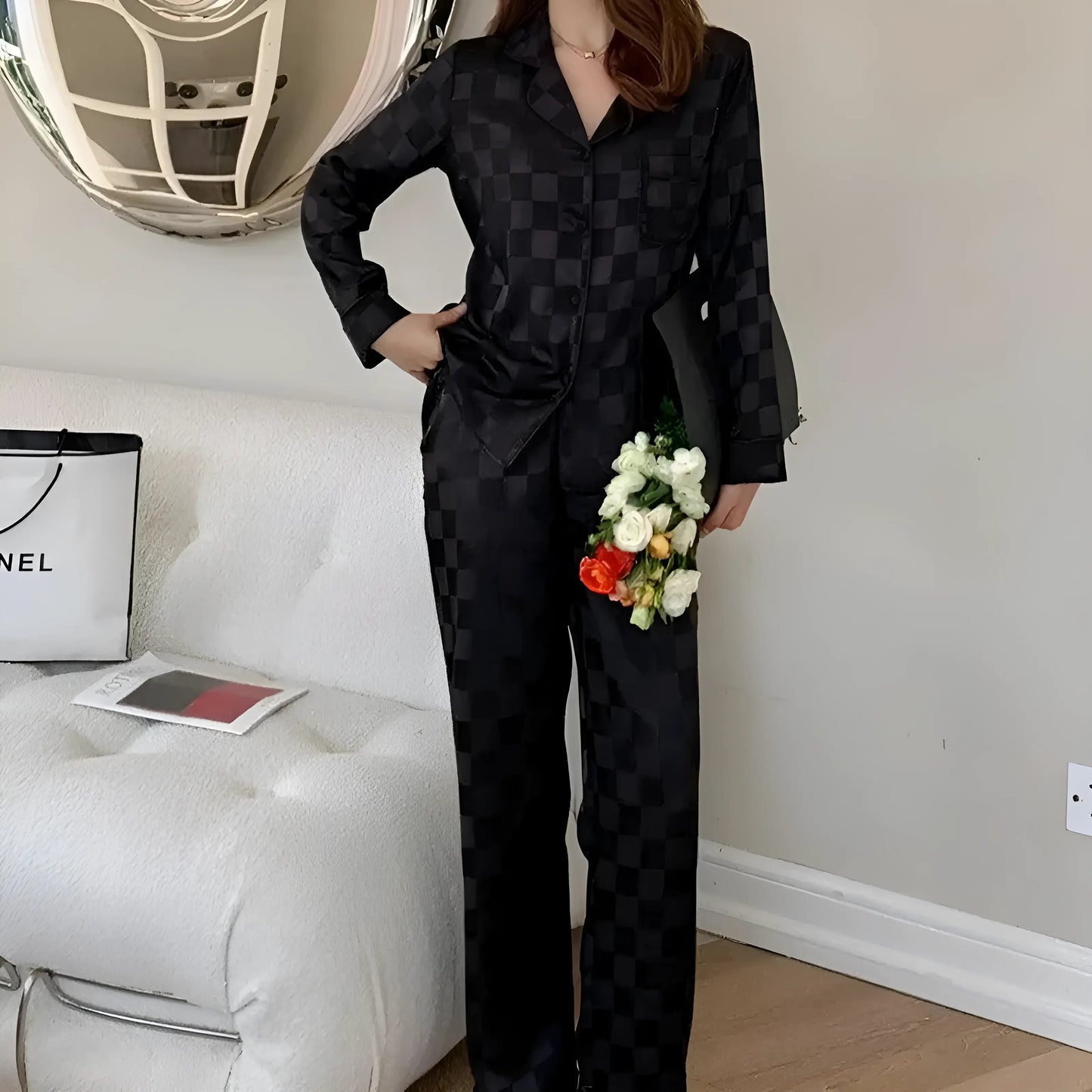 Ensemble de pyjama à carreaux en soie pour femmes