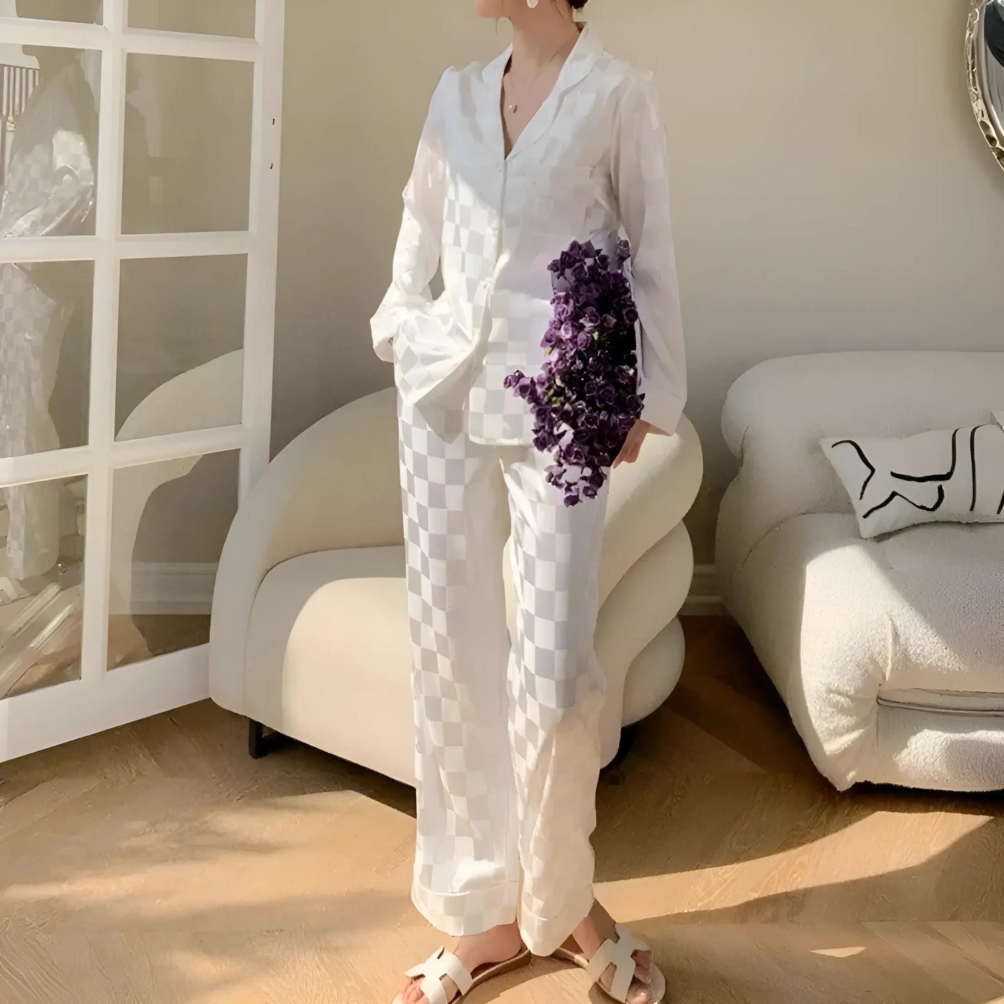 Ensemble de pyjama à carreaux en soie pour femmes
