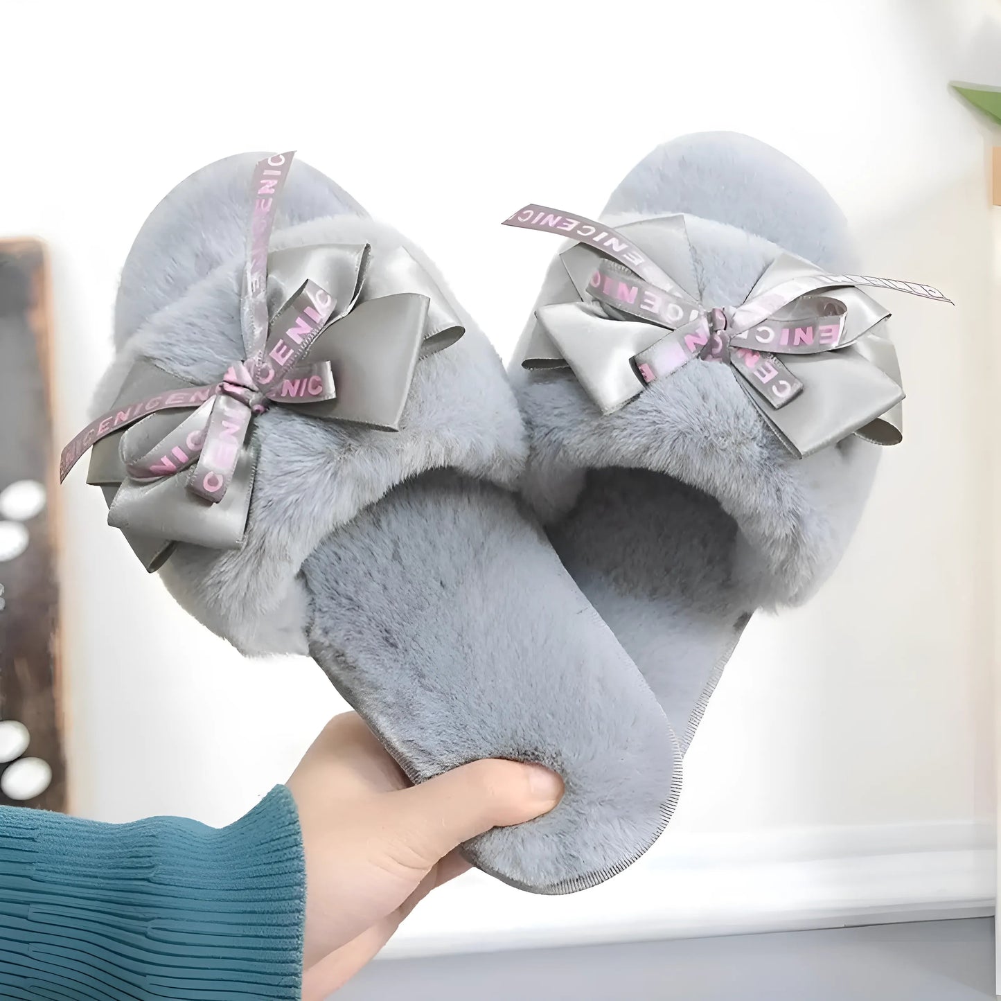 Gris Chaussons pour femmes avec un petit nœud