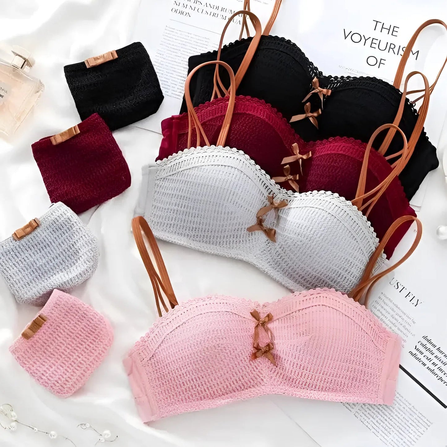 Gris Ensemble de lingerie en dentelle avec des nœuds