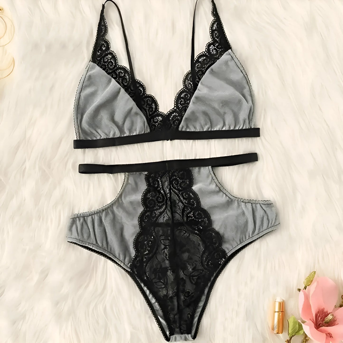 Gris Ensemble de lingerie en dentelle taille haute
