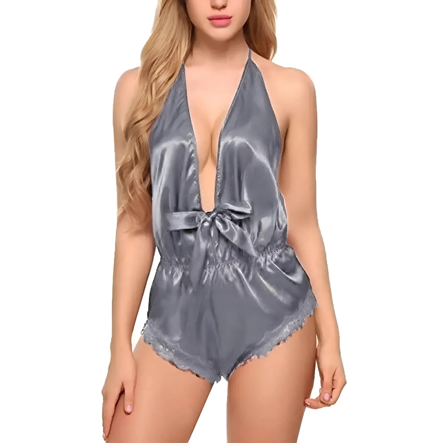 Gris Pyjama en satin à une pièce avec dos ouvert