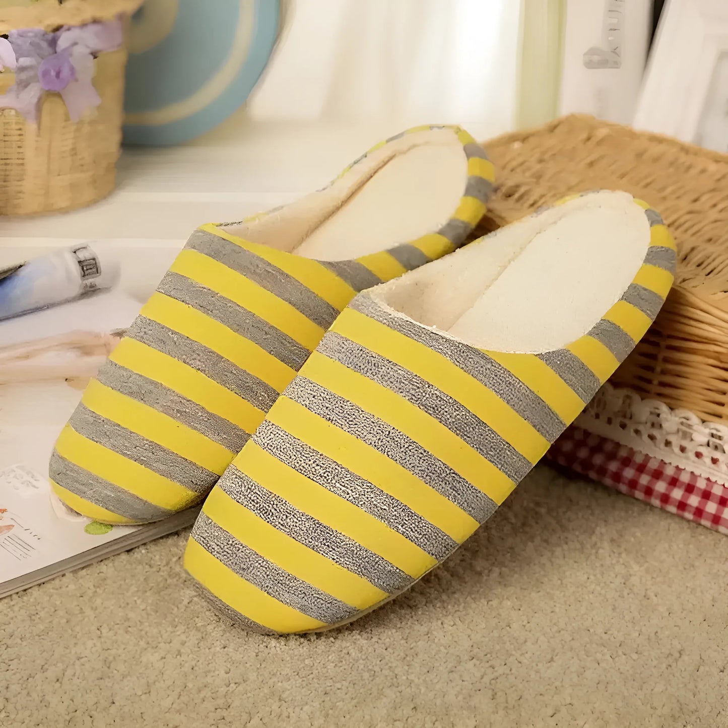 Jaune Chaussons rayés pour femmes