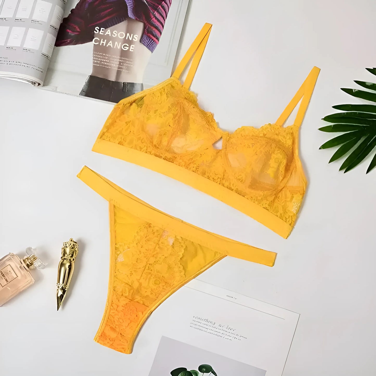 Jaune Ensemble de lingerie en dentelle taille haute