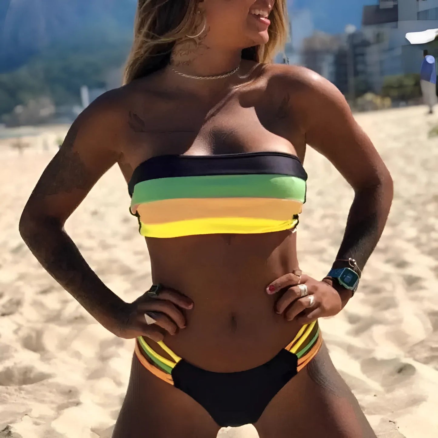 Jaune Maillot de bain deux pièces à rayures colorées
