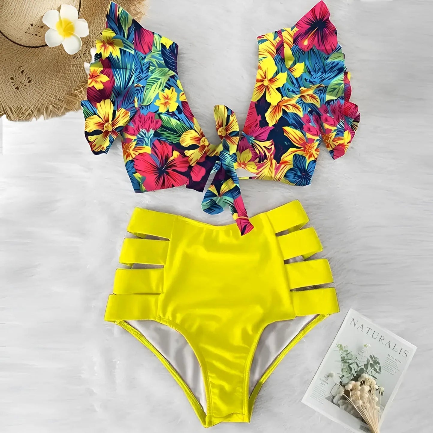 Jaune Maillot de bain deux pièces avec haut décoratif