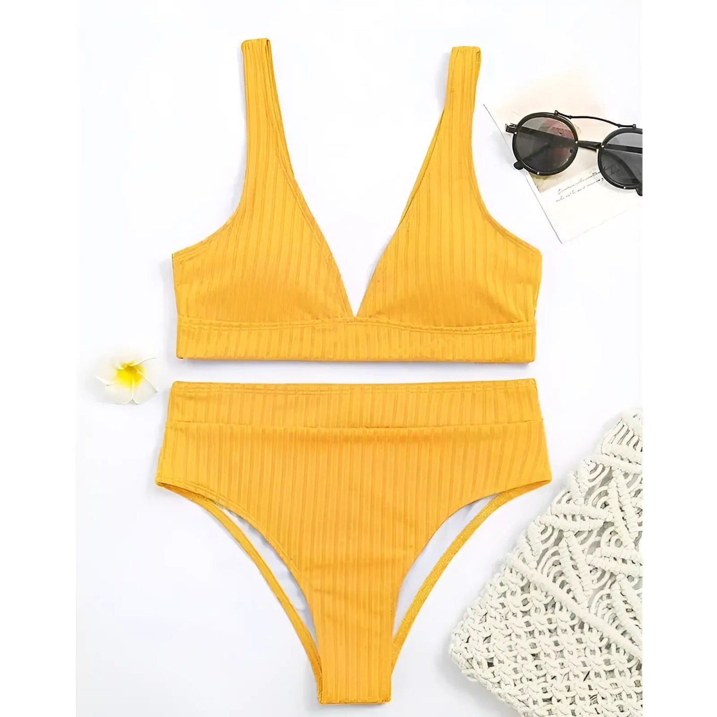 Jaune Maillot de bain deux pièces rayé