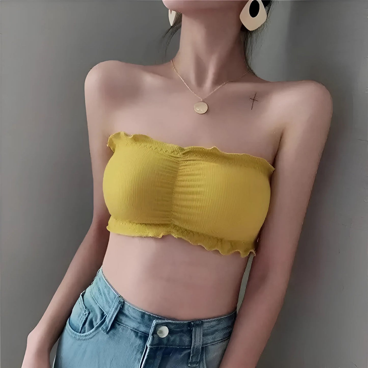 Jaune Soutien-gorge sans bretelles froncé