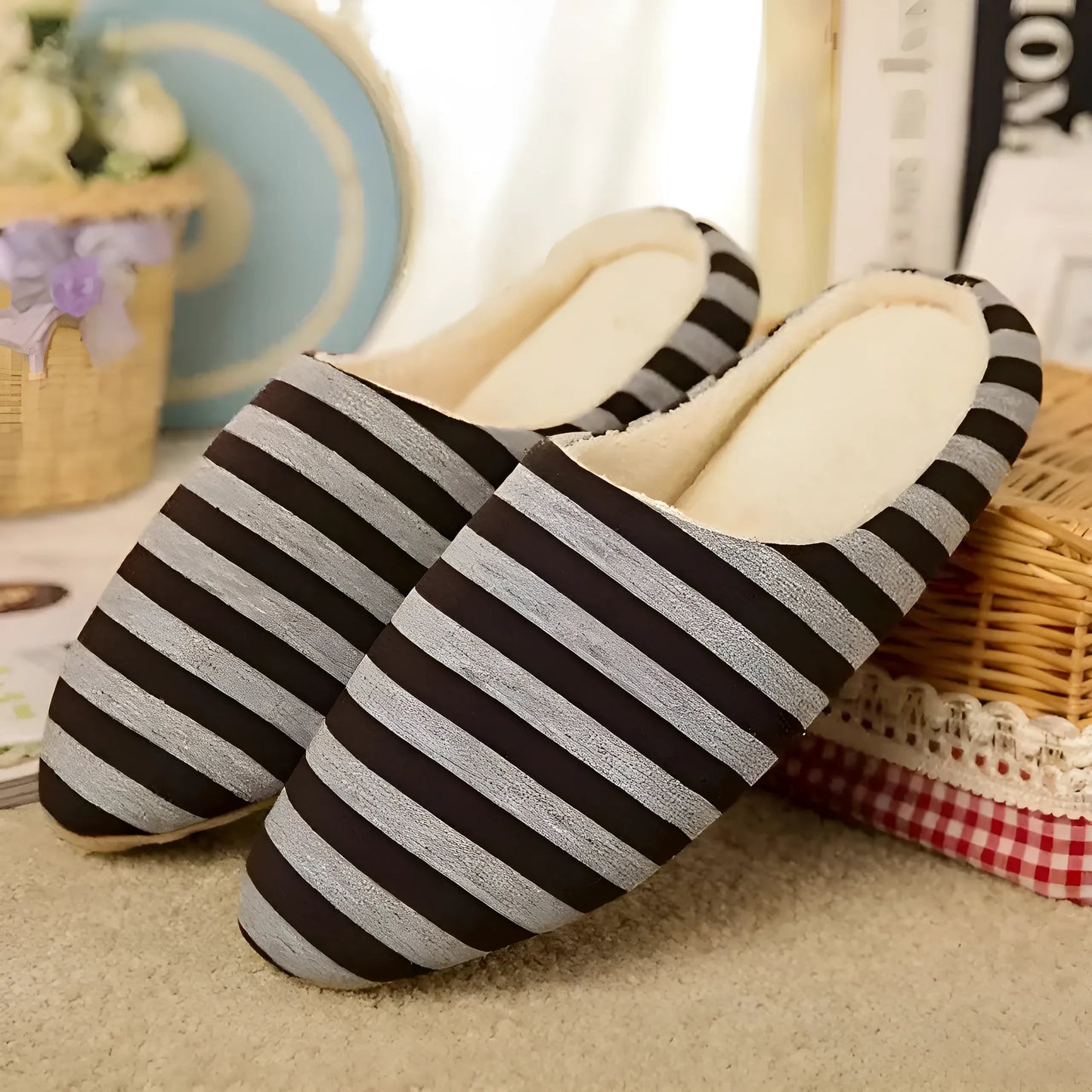 Marron Chaussons rayés pour femmes