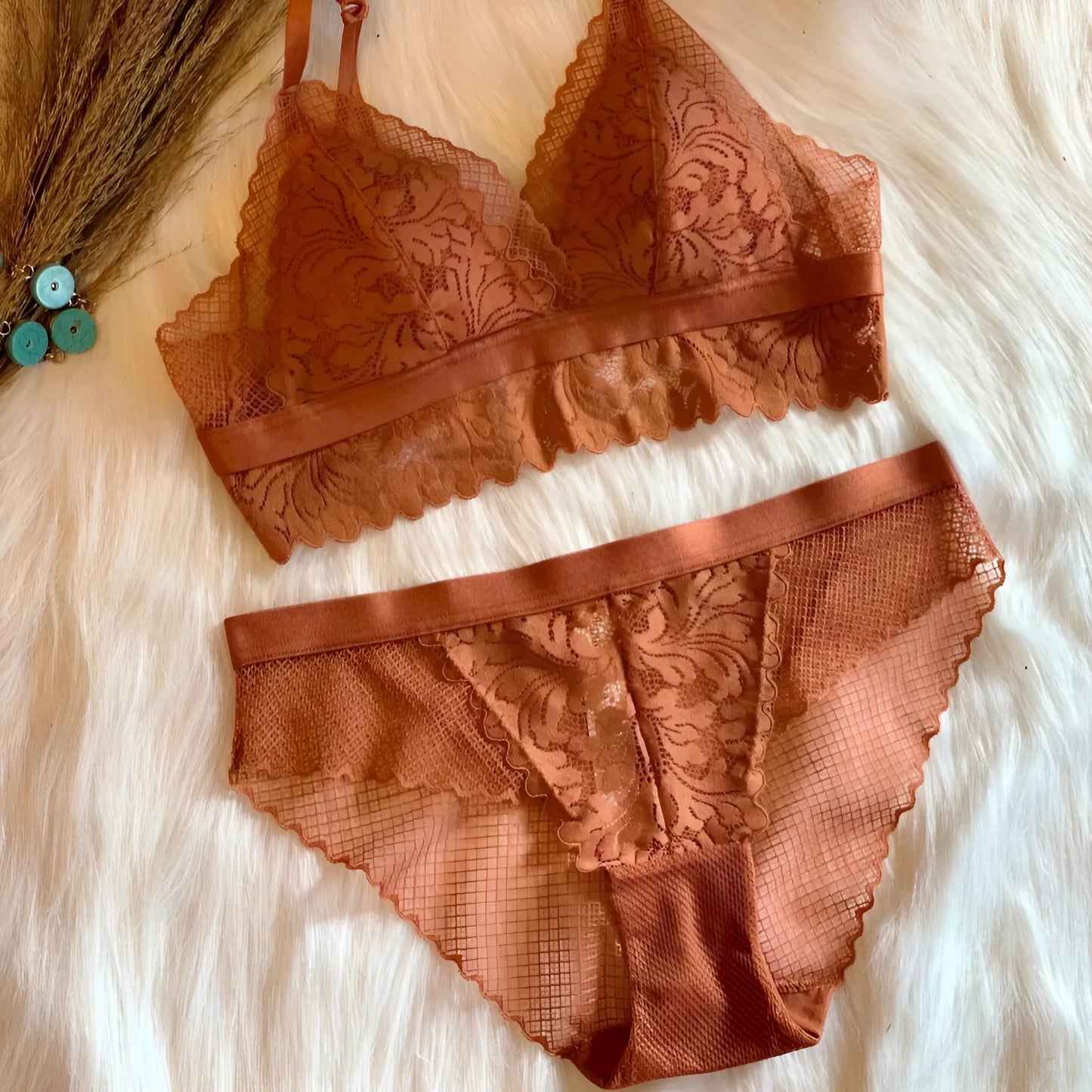 Marron Ensemble de lingerie en dentelle