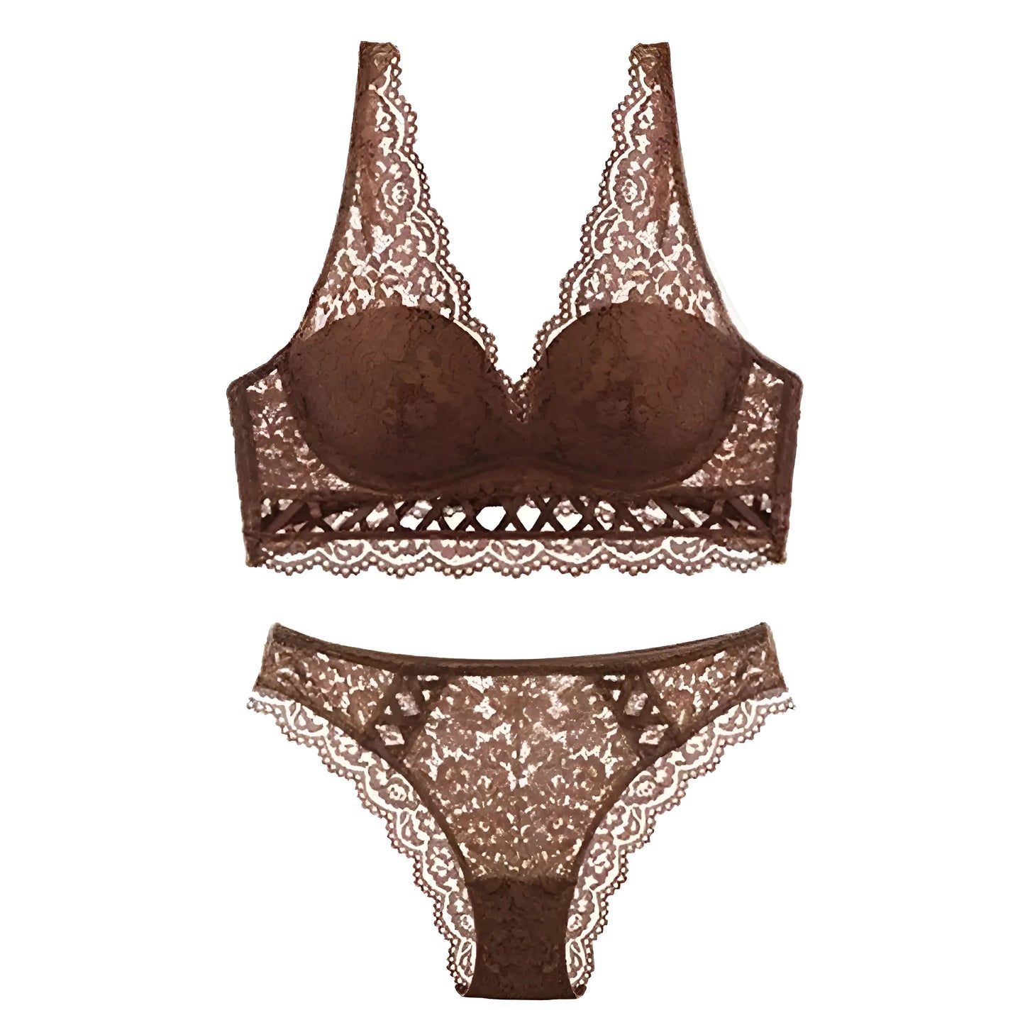 Marron Ensemble de lingerie en dentelle avec des liens décoratifs