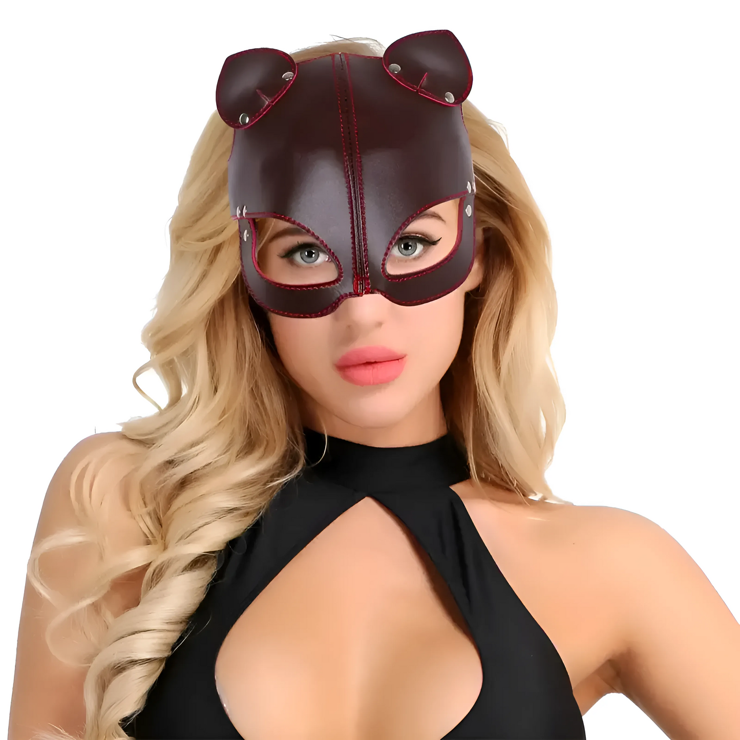 Marron Masque en cuir avec oreilles et bande élastique
