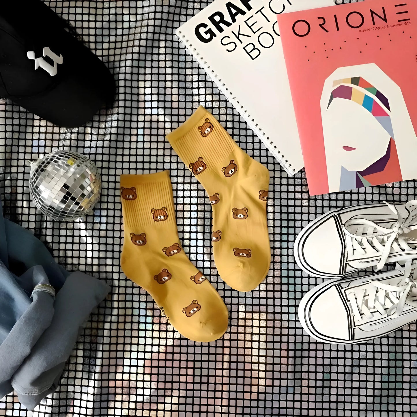 Moutarde Chaussettes de cheville avec design d'ours