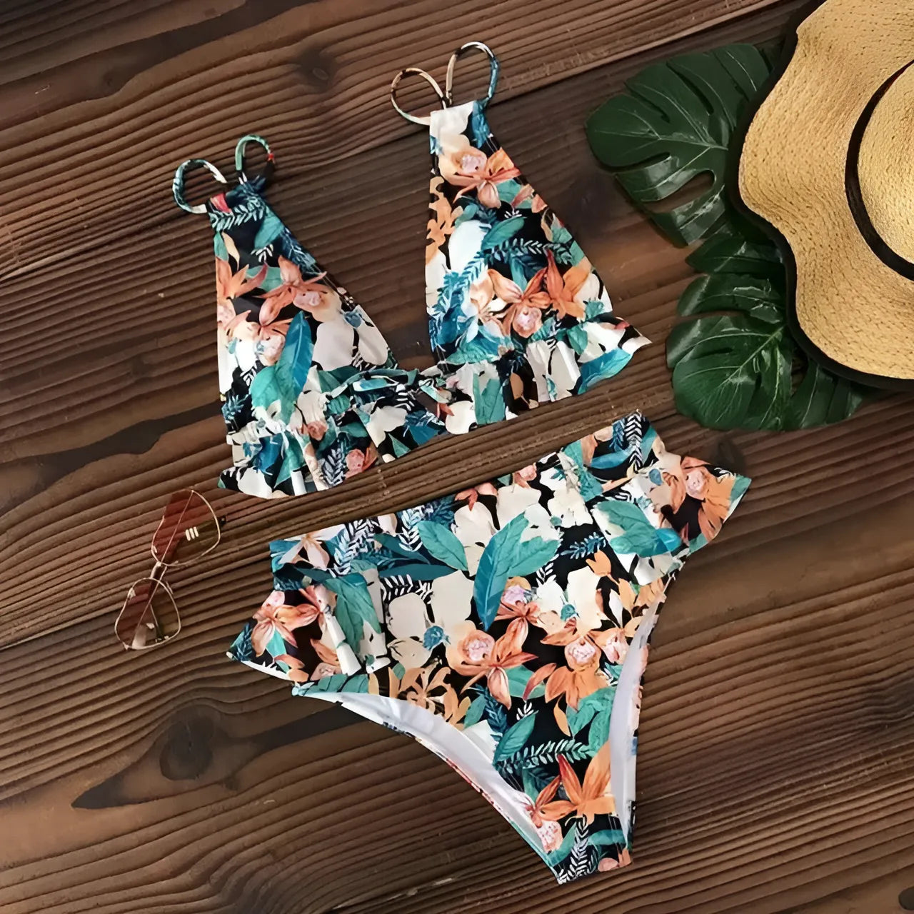 Multicolore Maillot de bain deux pièces avec de délicates volants