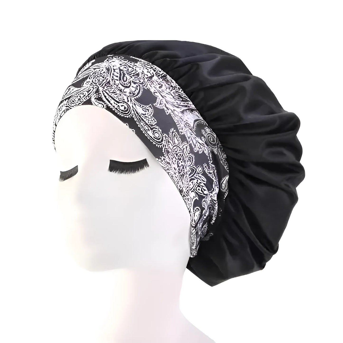 Noir Bonnet de sommeil en satin avec large bande élastique
