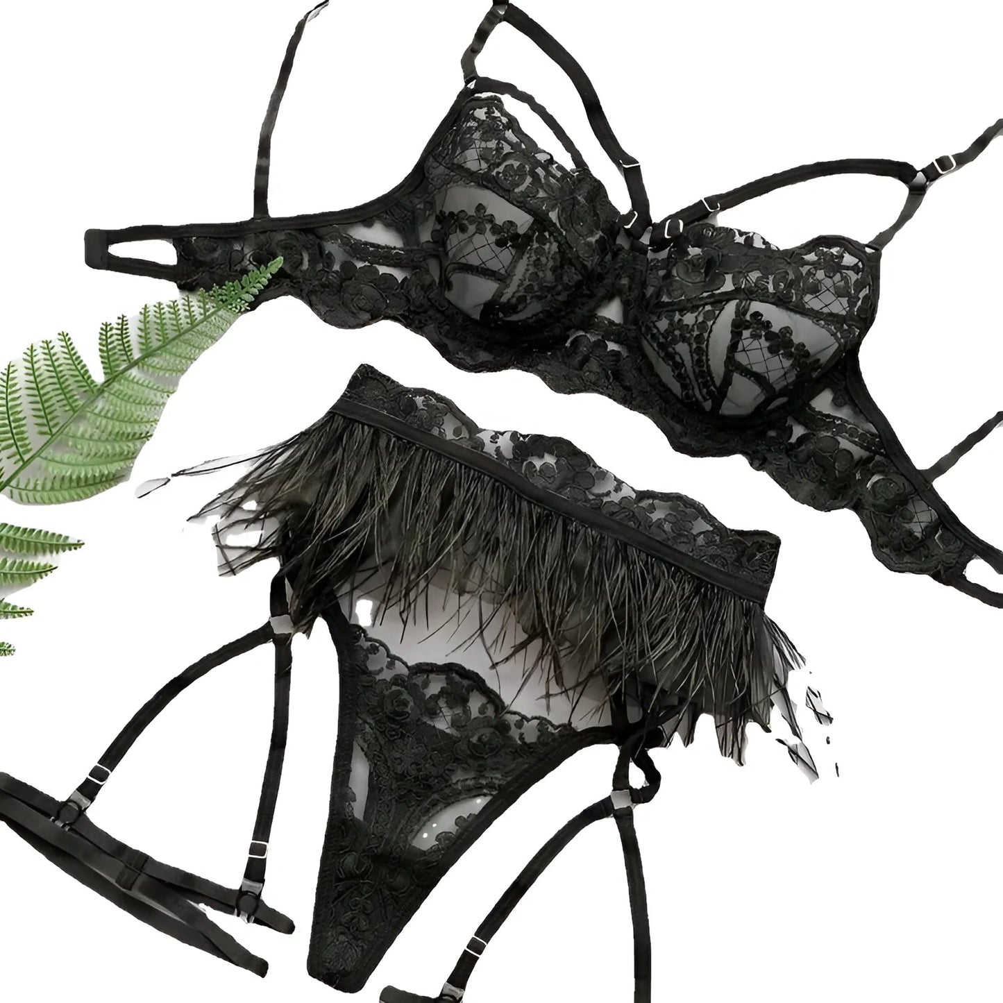 Noir Ensemble de lingerie 3 pièces avec ceinture décorative