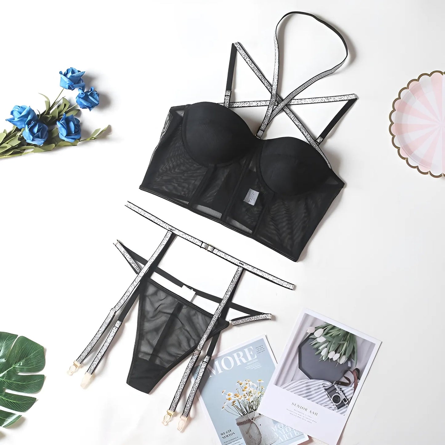 Noir Ensemble de lingerie 3 pièces avec corset