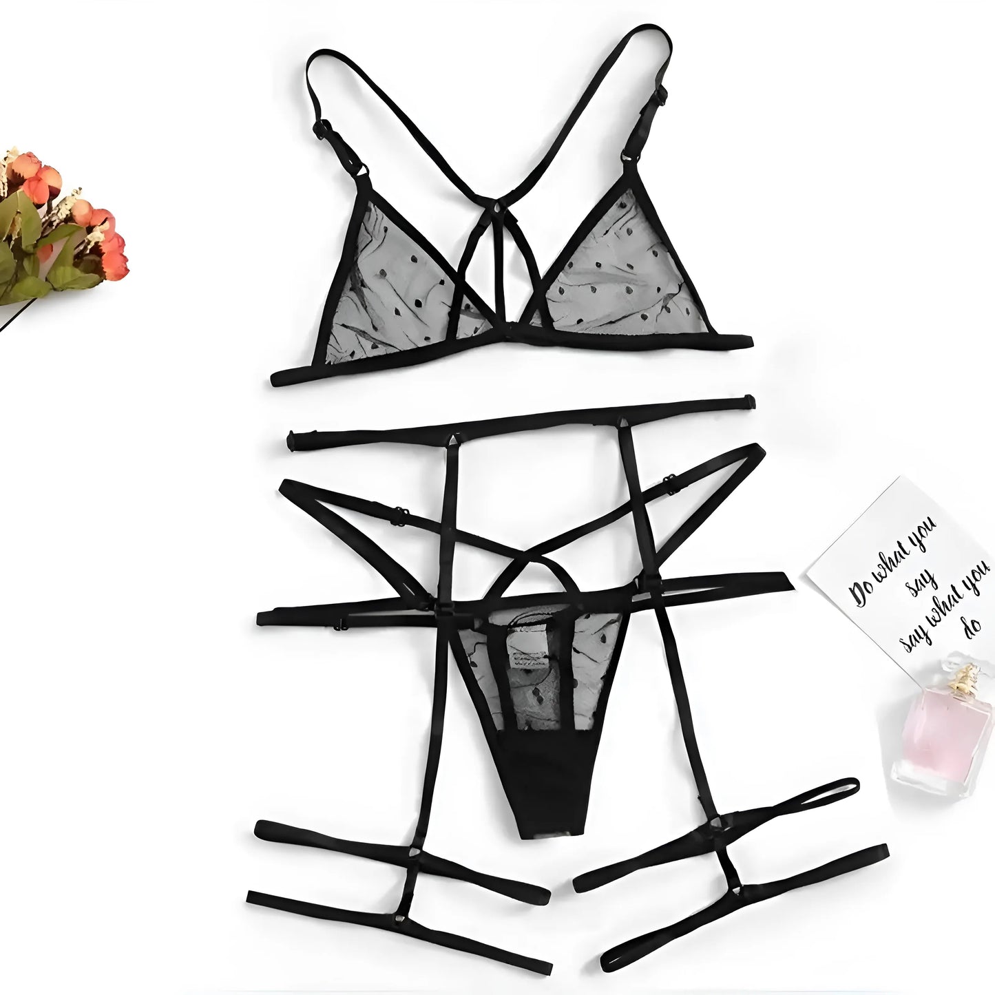 Noir Ensemble de lingerie à pois en 3 pièces