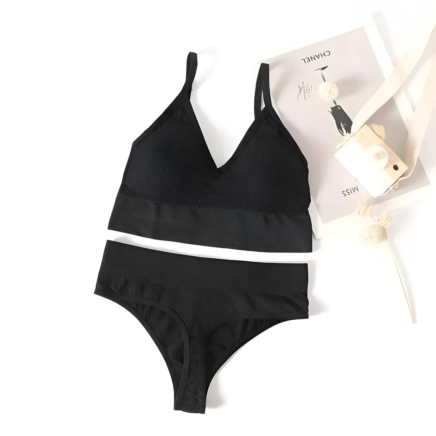 Noir Ensemble de lingerie côtelé