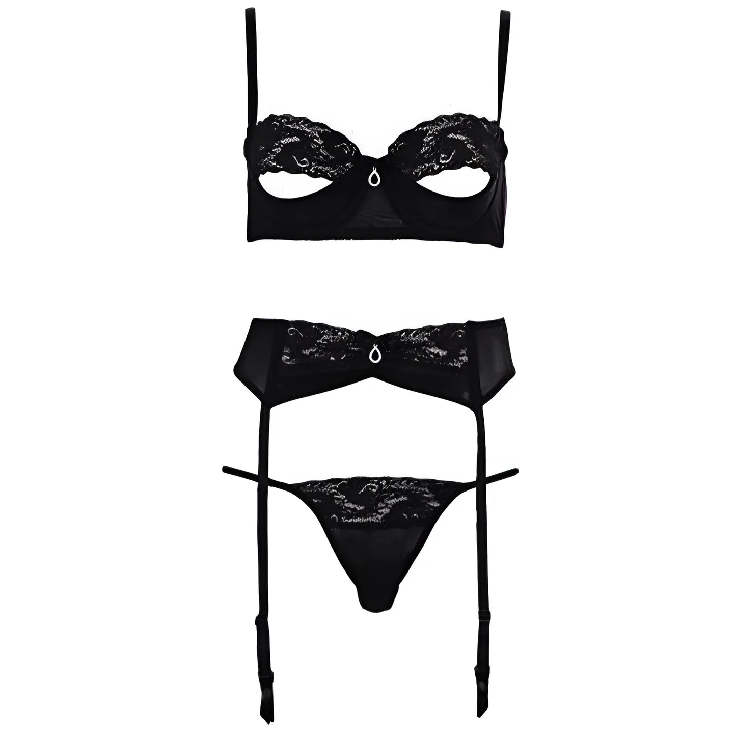 Noir Ensemble de lingerie en dentelle 3 pièces avec découpes sur le soutien-gorge