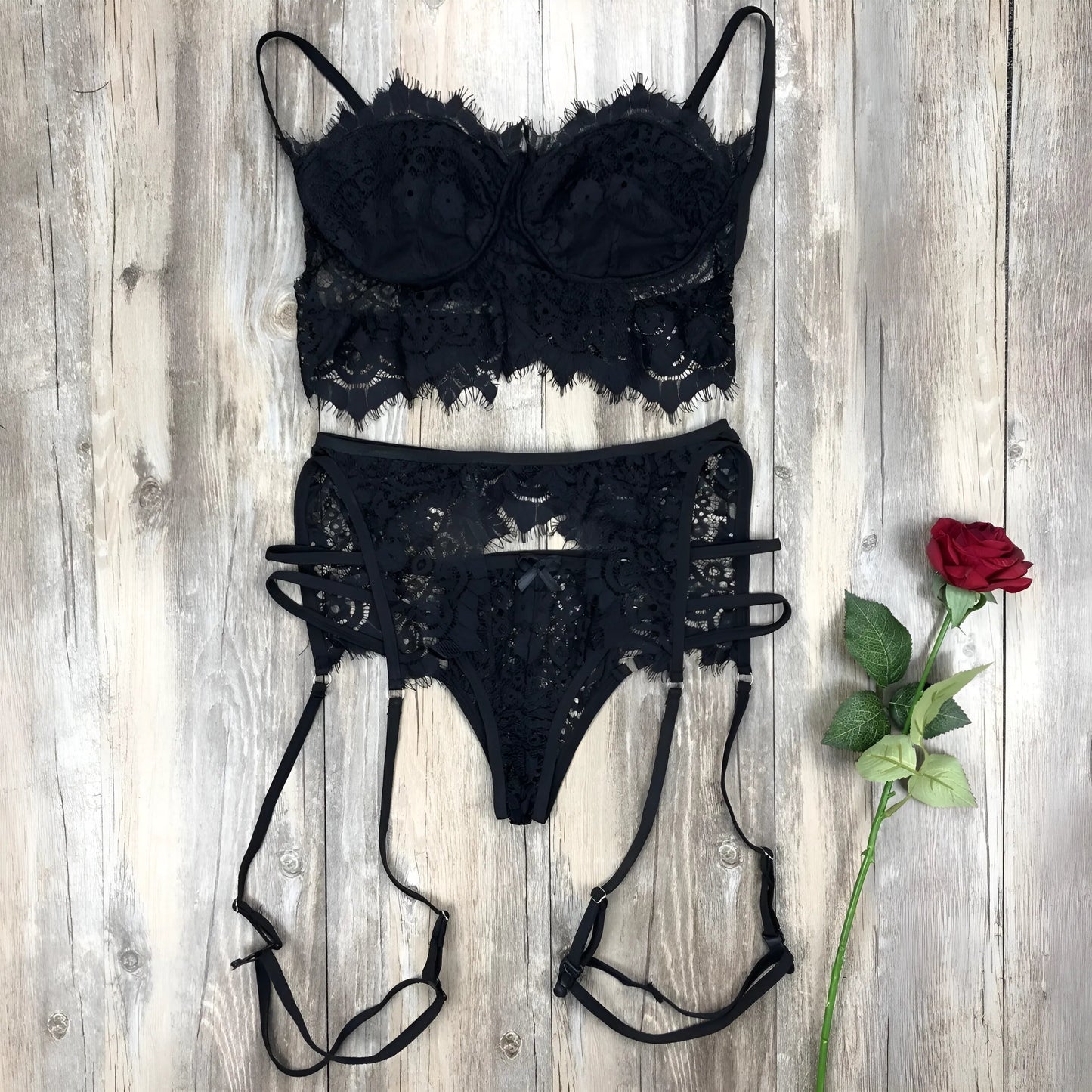 Noir Ensemble de lingerie en dentelle 3 pièces avec sangles cuisse