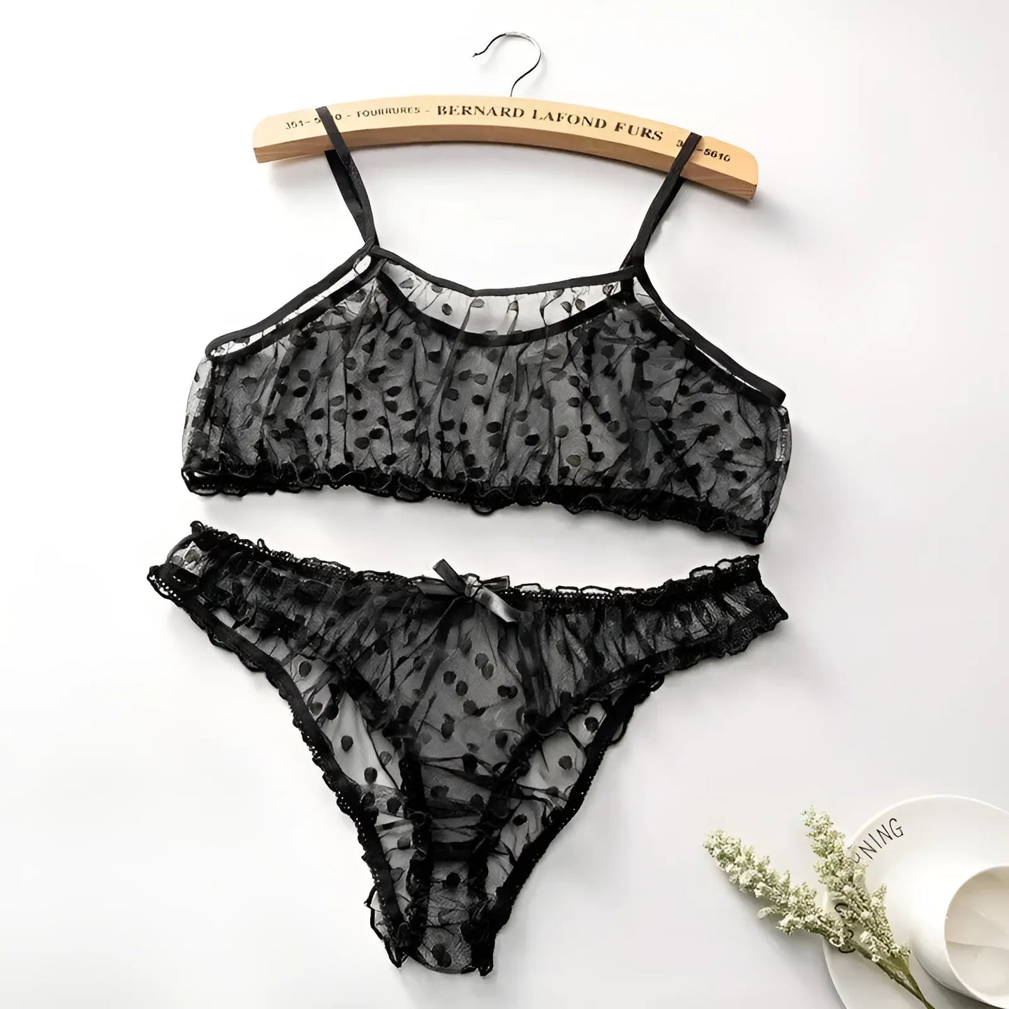 Noir Ensemble de lingerie en dentelle à pois