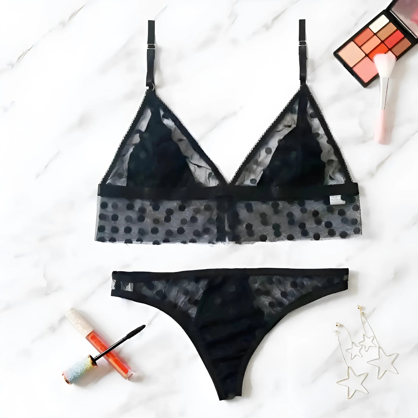 Noir Ensemble de lingerie en dentelle à pois