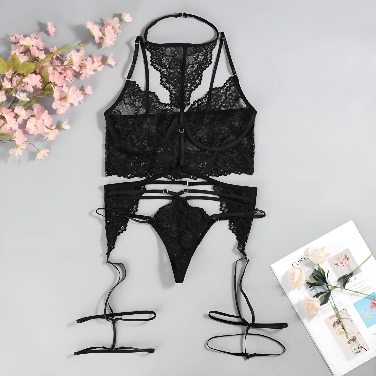 Noir Ensemble de lingerie en dentelle avec collier et bretelles décoratives