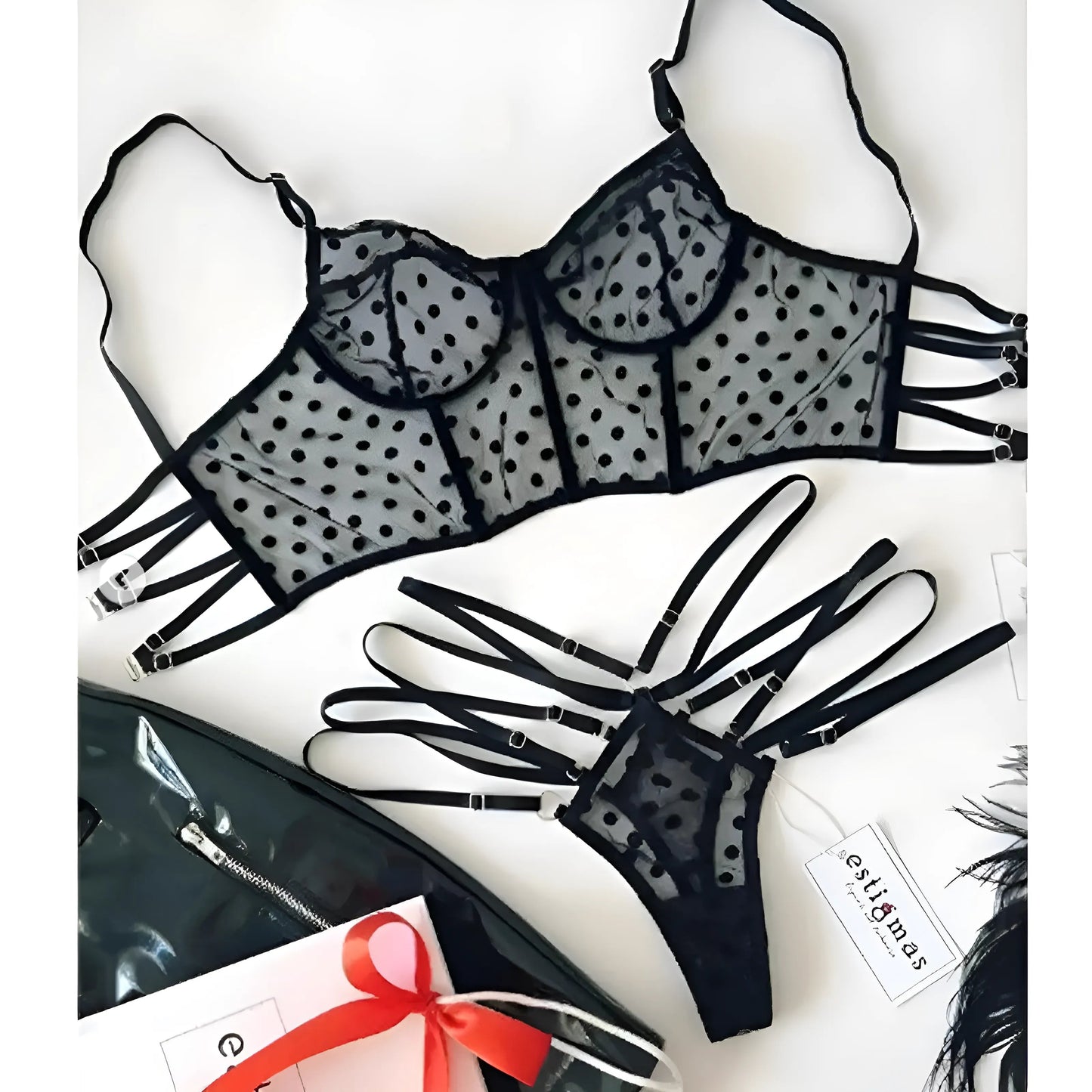 Noir Ensemble de lingerie en dentelle avec corset