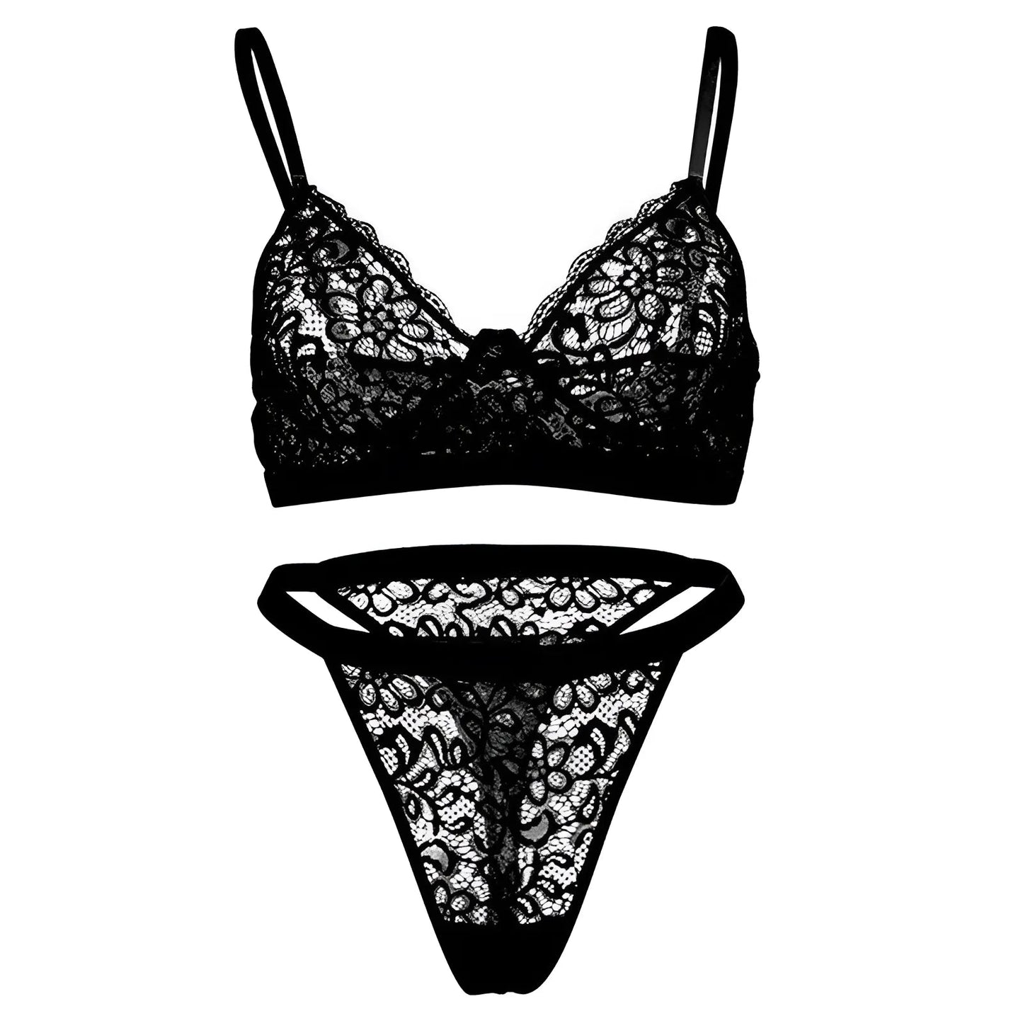 Noir Ensemble de lingerie en dentelle avec des bretelles fines délicates