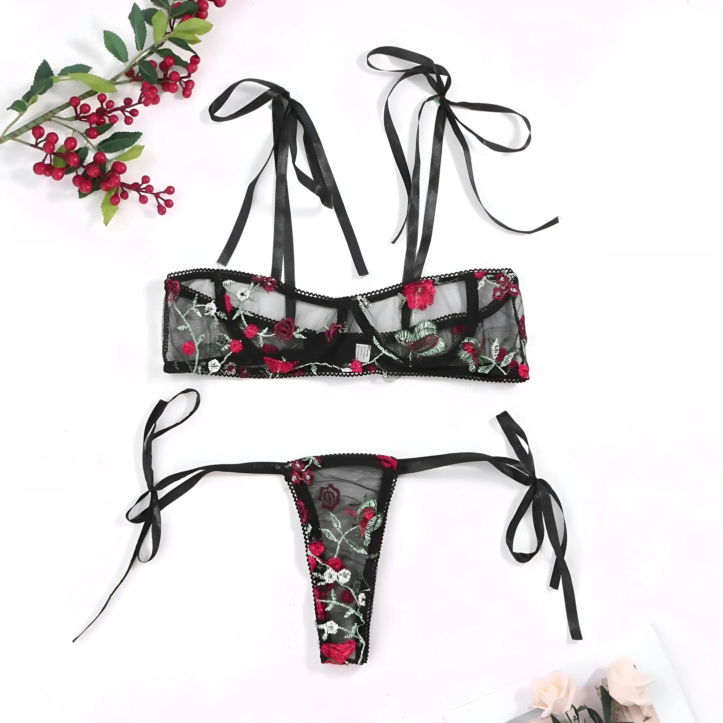 Noir Ensemble de lingerie en dentelle avec des liens décoratifs