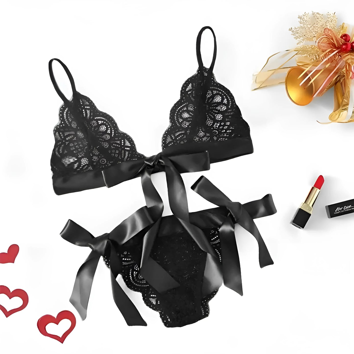 Noir Ensemble de lingerie en dentelle avec des nœuds