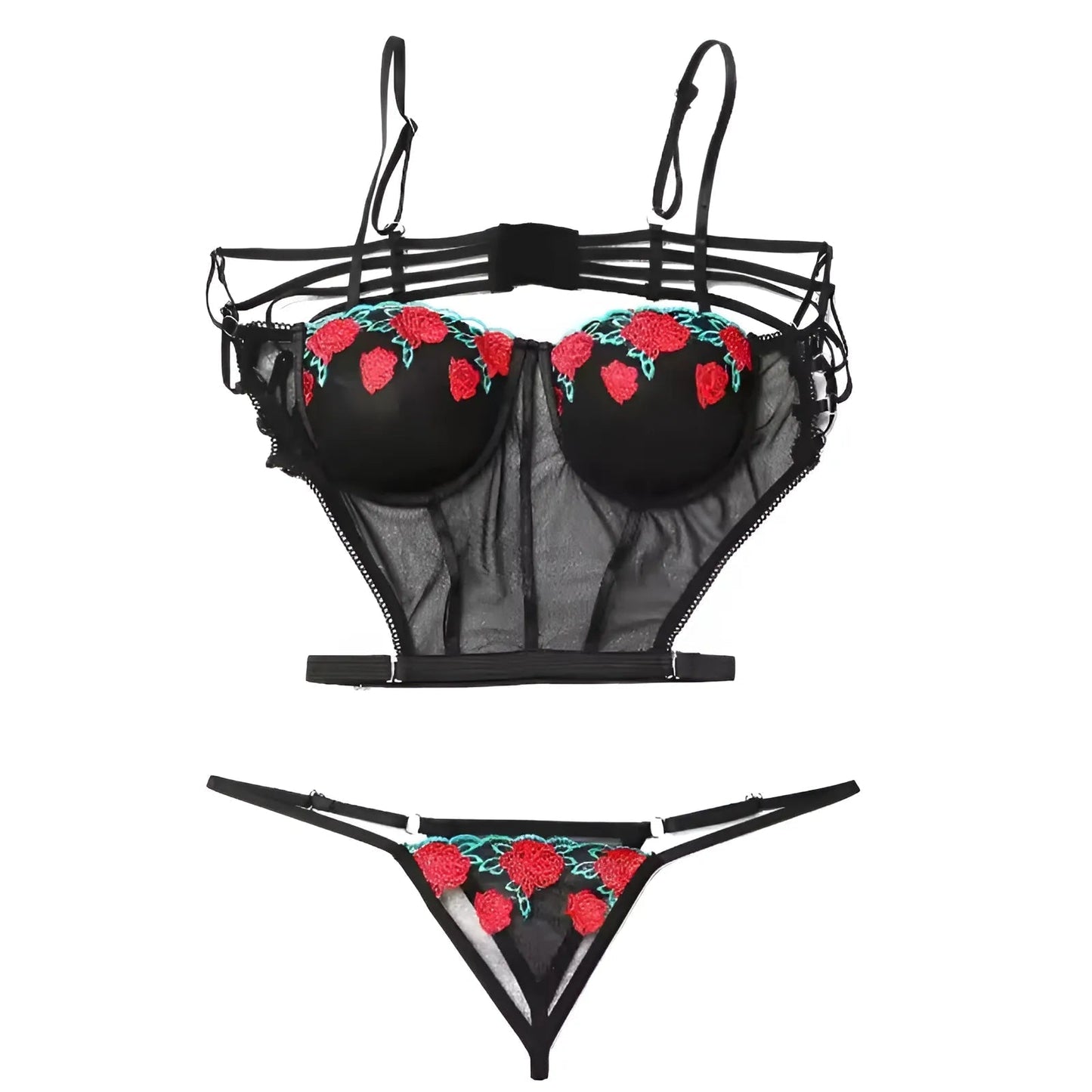 Noir Ensemble de lingerie en dentelle avec des roses