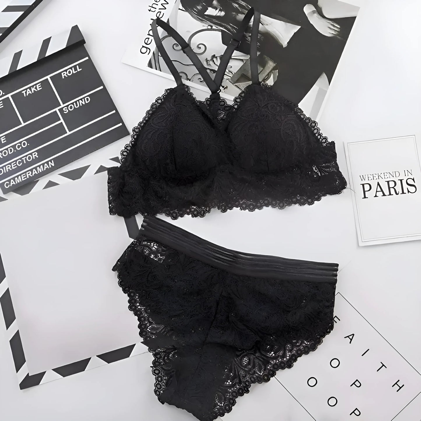 Noir Ensemble de lingerie en dentelle avec dos décoratif