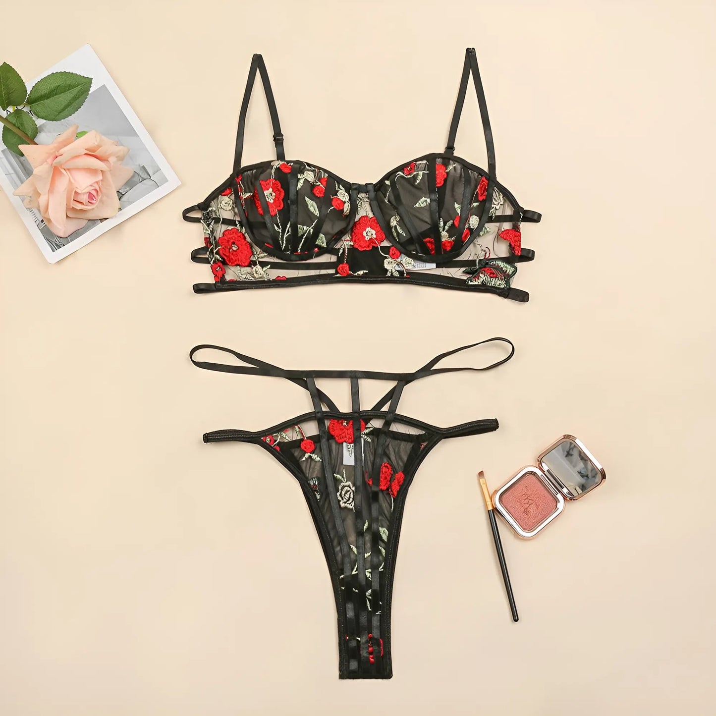 Noir Ensemble de lingerie en dentelle avec motif floral