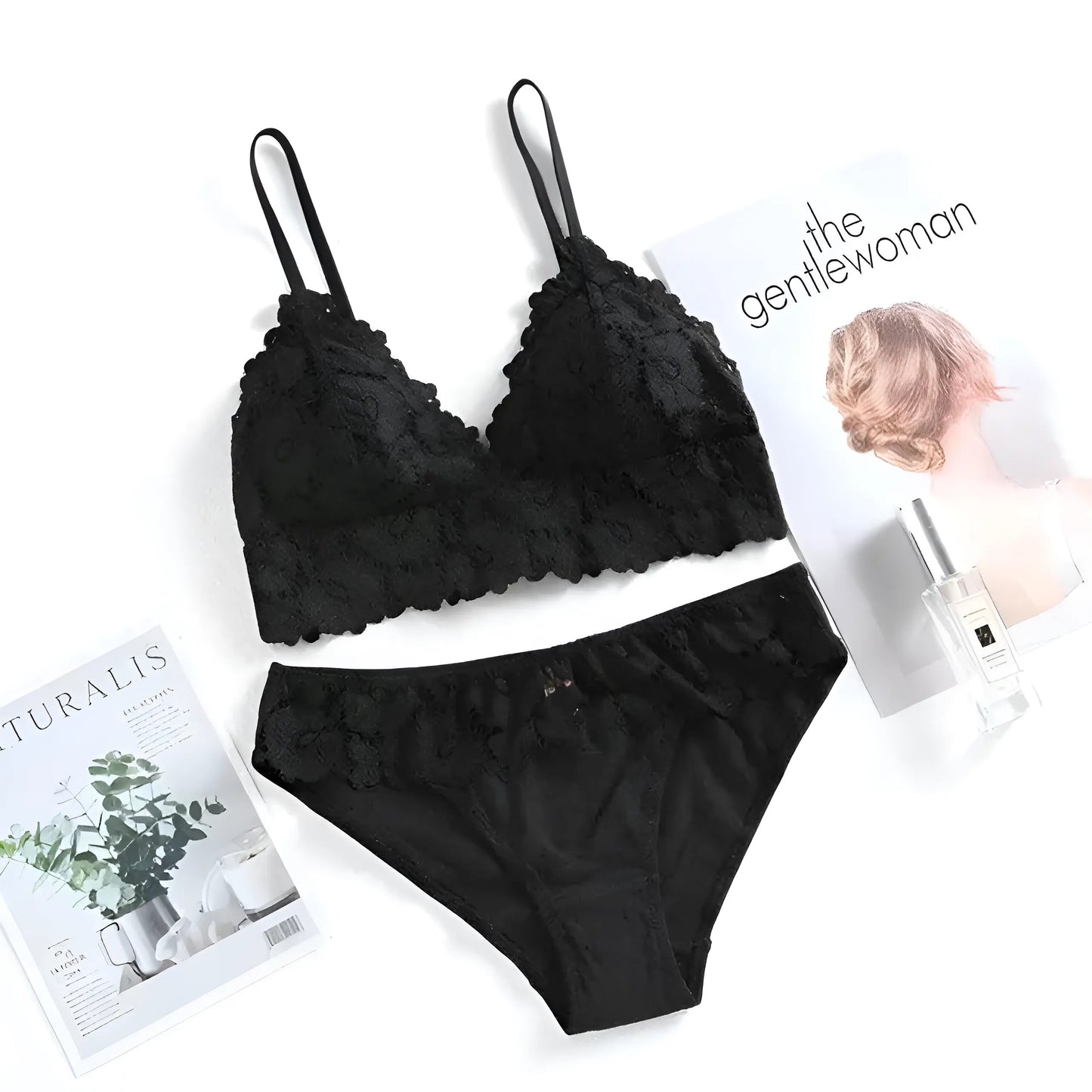 Noir Ensemble de lingerie en dentelle avec motif floral