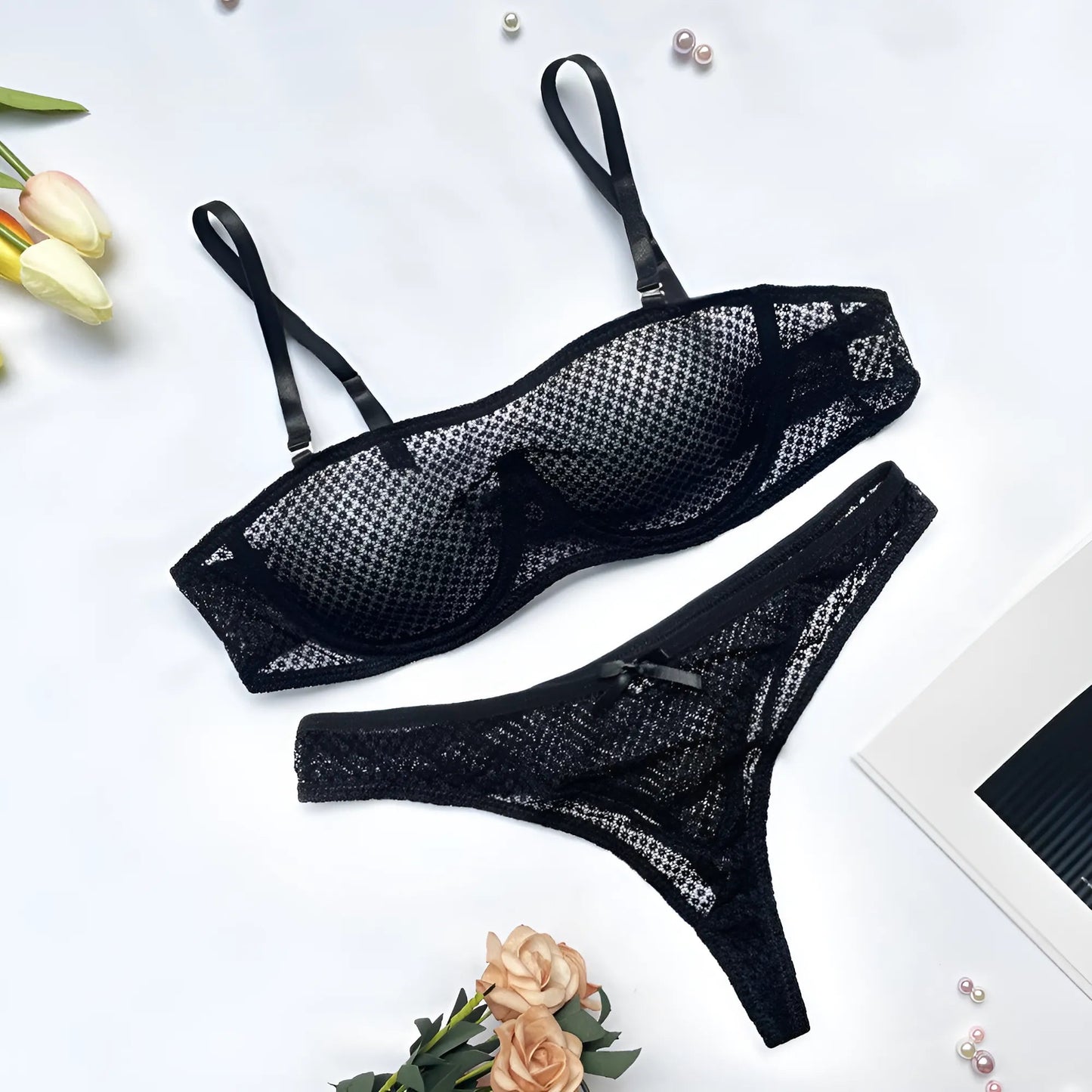 Noir Ensemble de lingerie en dentelle et résille