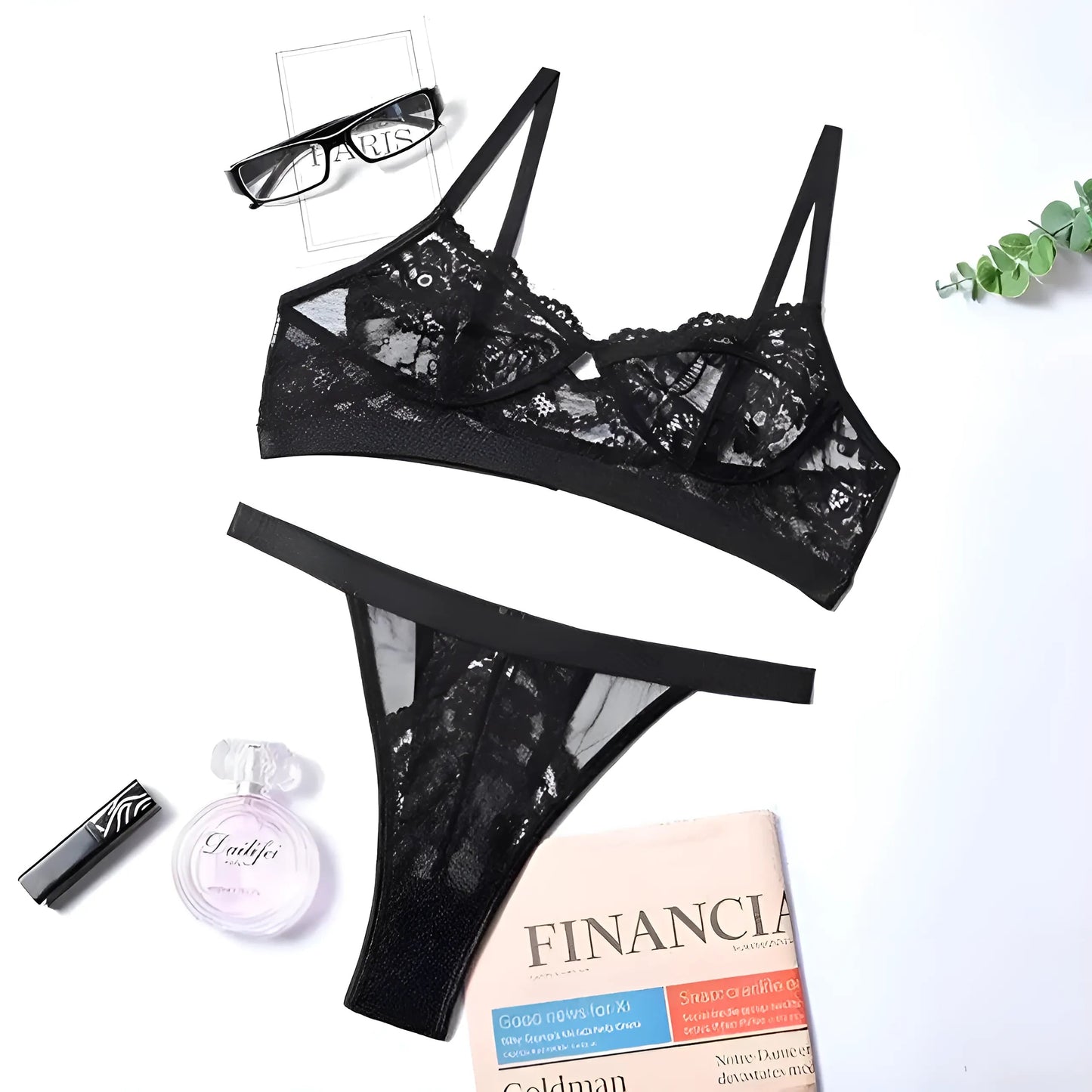 Noir Ensemble de lingerie en dentelle taille haute