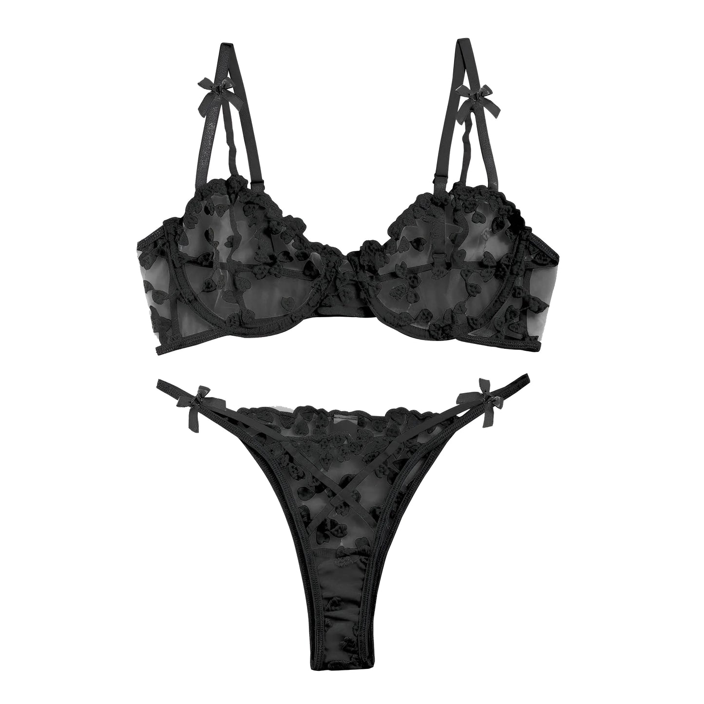 Noir Ensemble de lingerie imprimé cœur en dentelle