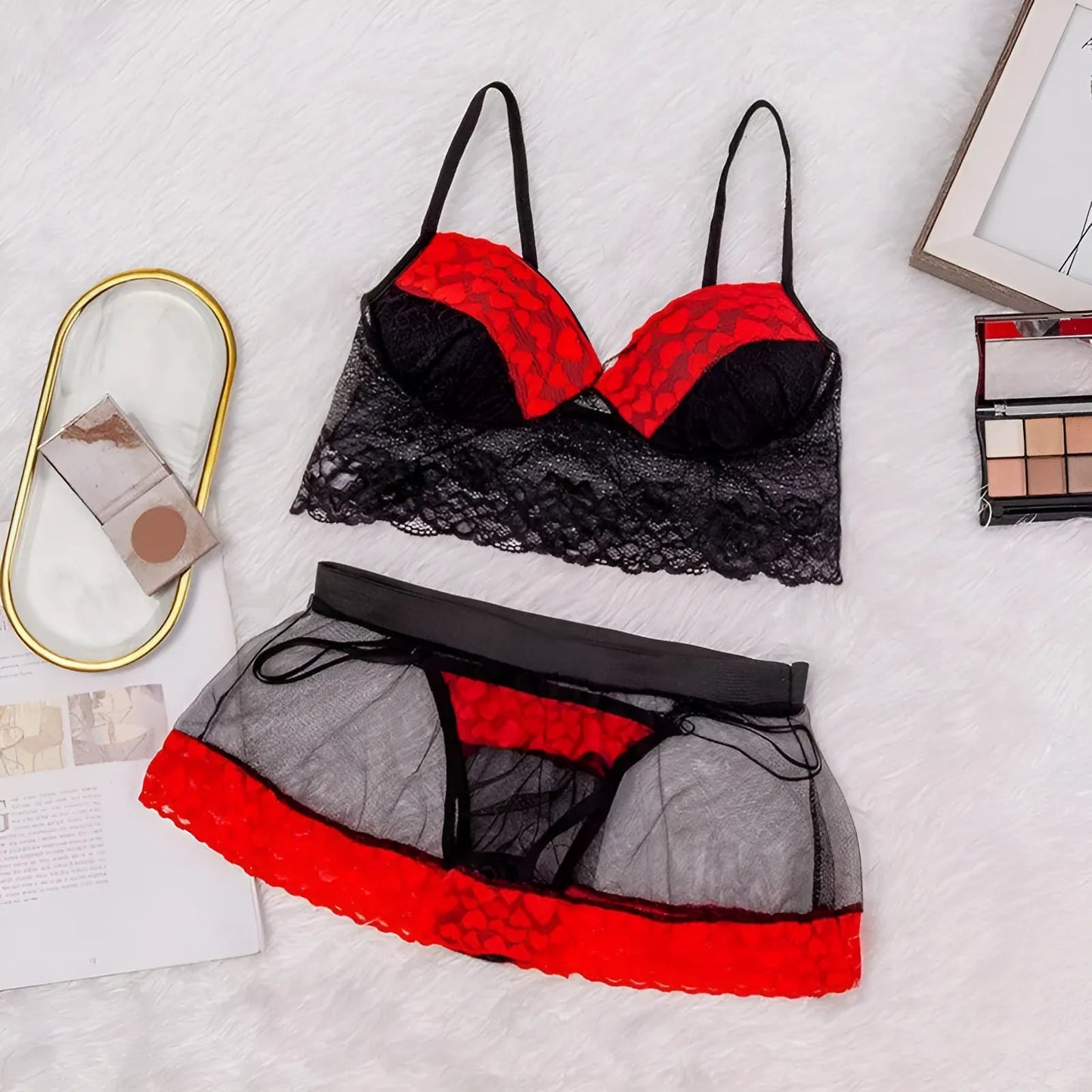 Noir Ensemble de lingerie sensuelle avec jupe