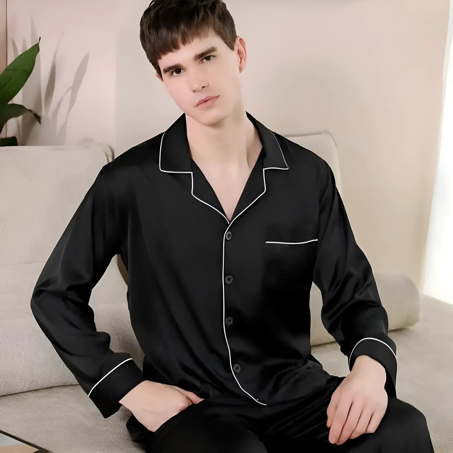 Noir Ensemble de pyjama en satin pour hommes