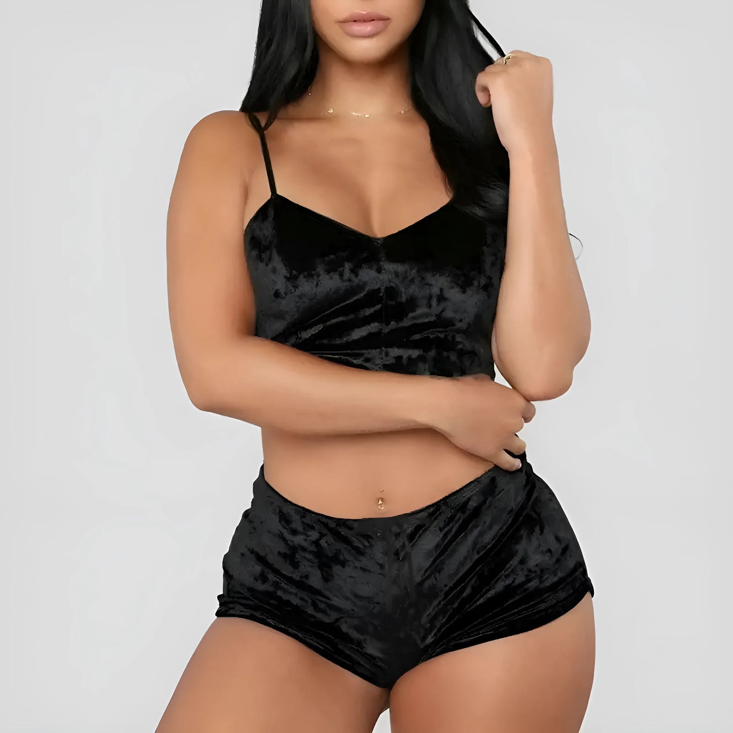 Noir Ensemble de pyjama en velours avec haut et shorts