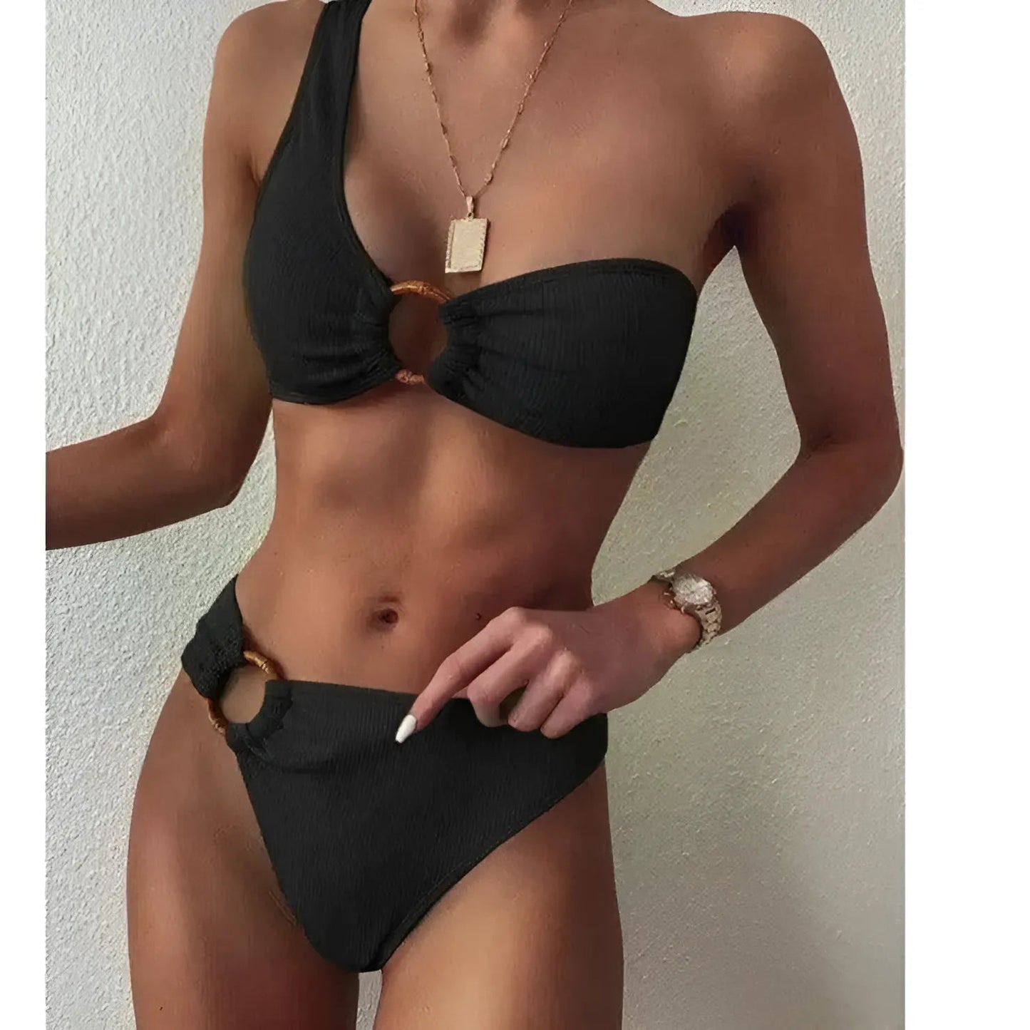 Noir Maillot de bain deux pièces à épaule unique
