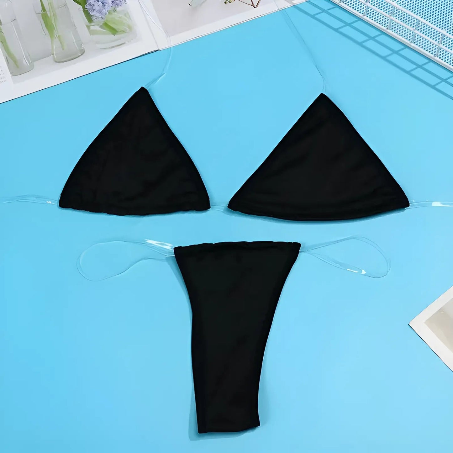 Noir Maillot de bain deux pièces avec bretelles transparentes
