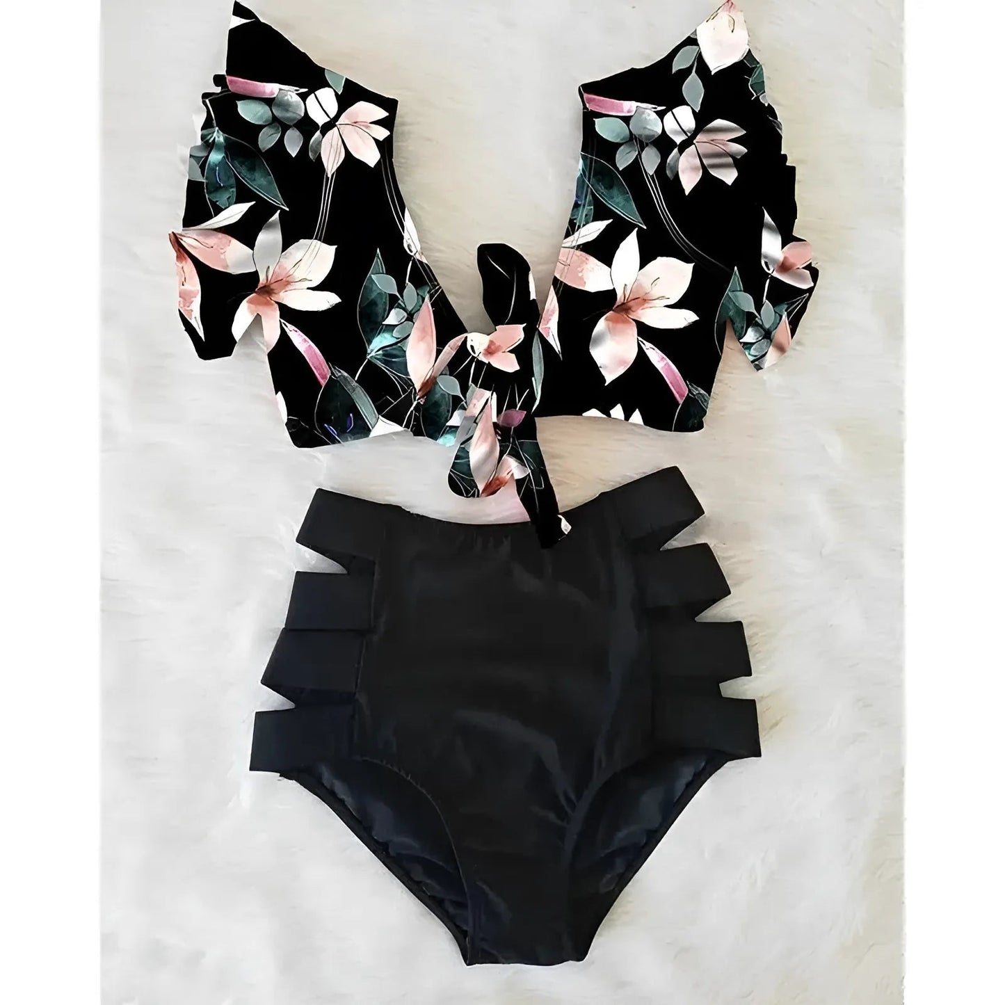 Noir Maillot de bain deux pièces avec haut décoratif