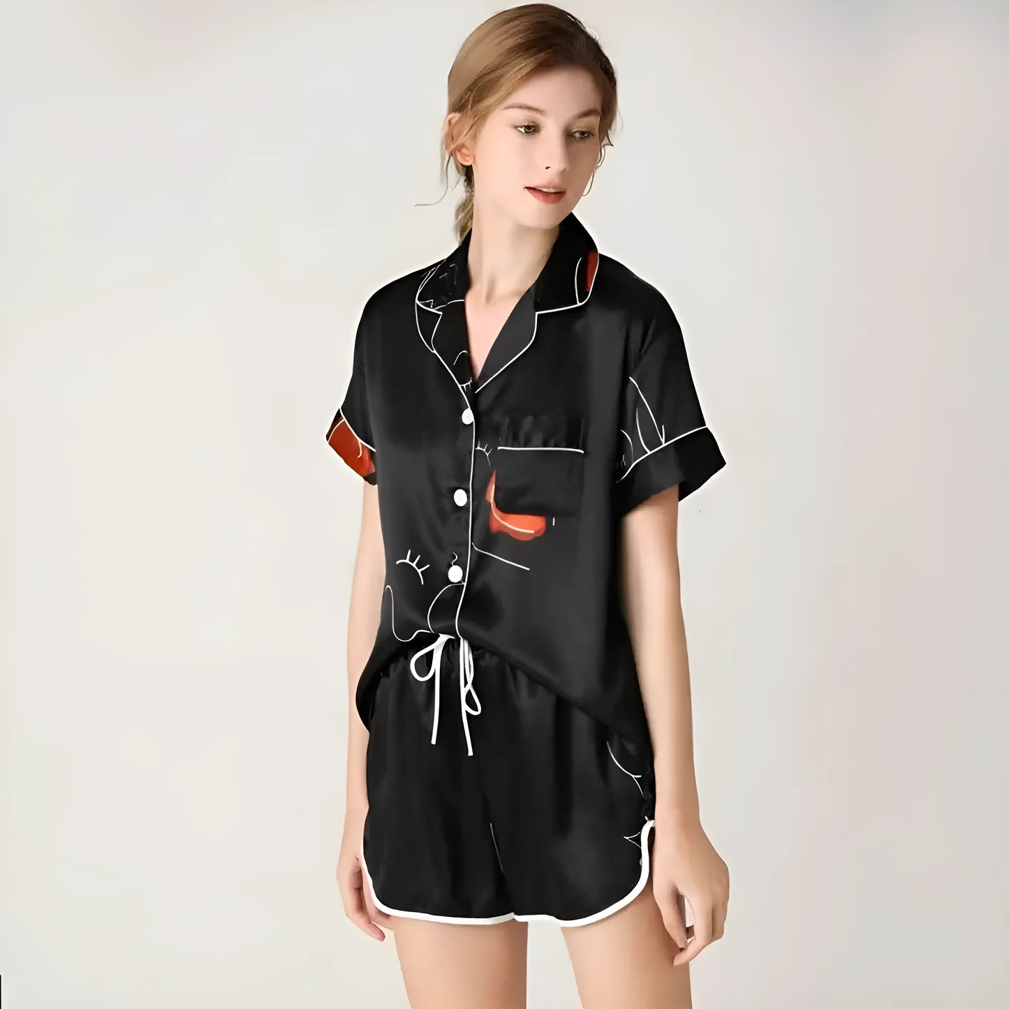 Noir Pyjama deux pièces pour femmes avec impression de texte