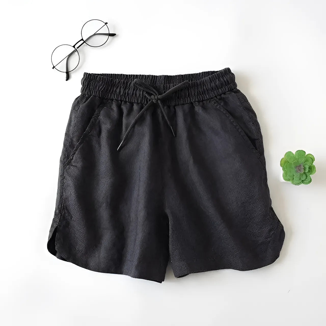 Noir Shorts de sommeil amples avec taille à nouer