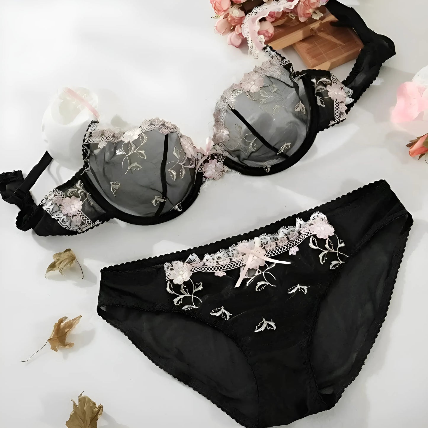 Noir Soutien-gorge en dentelle avec motif floral